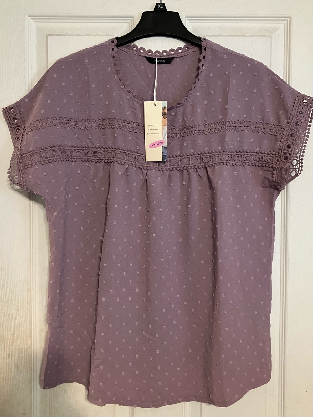 Women’s Lavender Lace-Trim Short Sleeve Top Size L Blouse Lightweight versatile